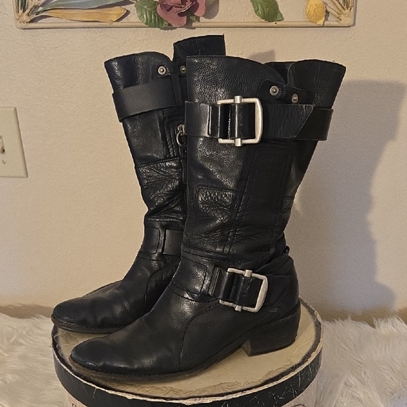 Vera Wang Black Leather Moto Boots with Buckles - Picture 1 of 9